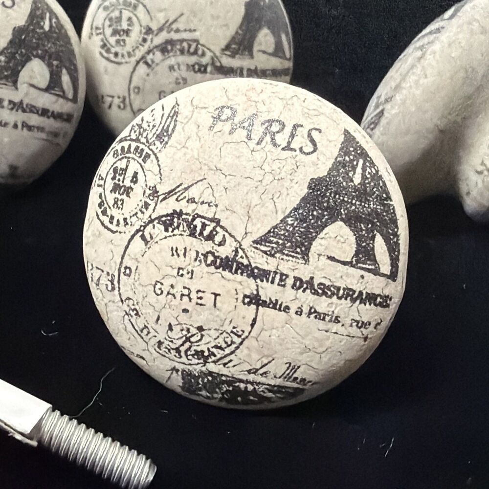 Porcelain PARIS drawer pulls/Knobs Set Of 6 PCS NEW Eiffel Tower Postmark